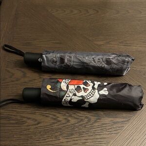 Ed Hardy Black Skull Print Compact Umbrella with Red and White Accents